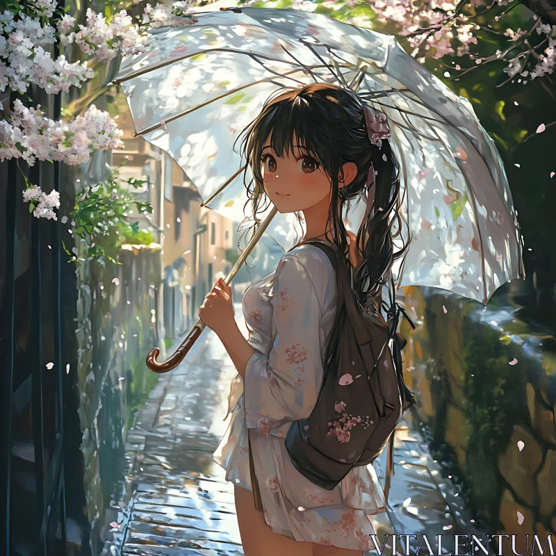 Anime Girl in Spring Rain Holding an Umbrella AI Image