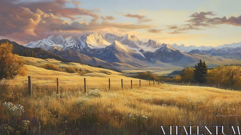 Snowy Mountains and Golden Field Landscape AI Image