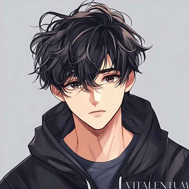 Anime Character with Black Hair and Black Hoodie AI Image