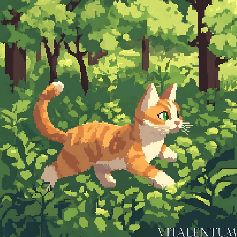 Pixel Cat Running Through Green Woods AI Image