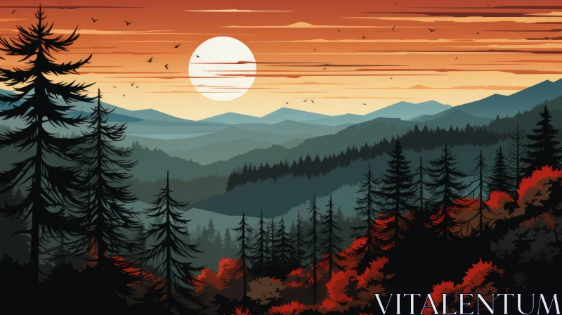 Wooded Landscape at Sunset: A Watercolor Illustration AI Image