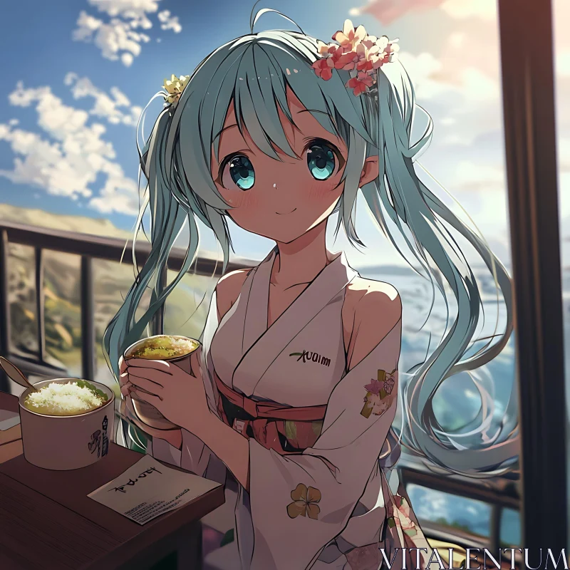 Serene Anime Girl with Ocean Background