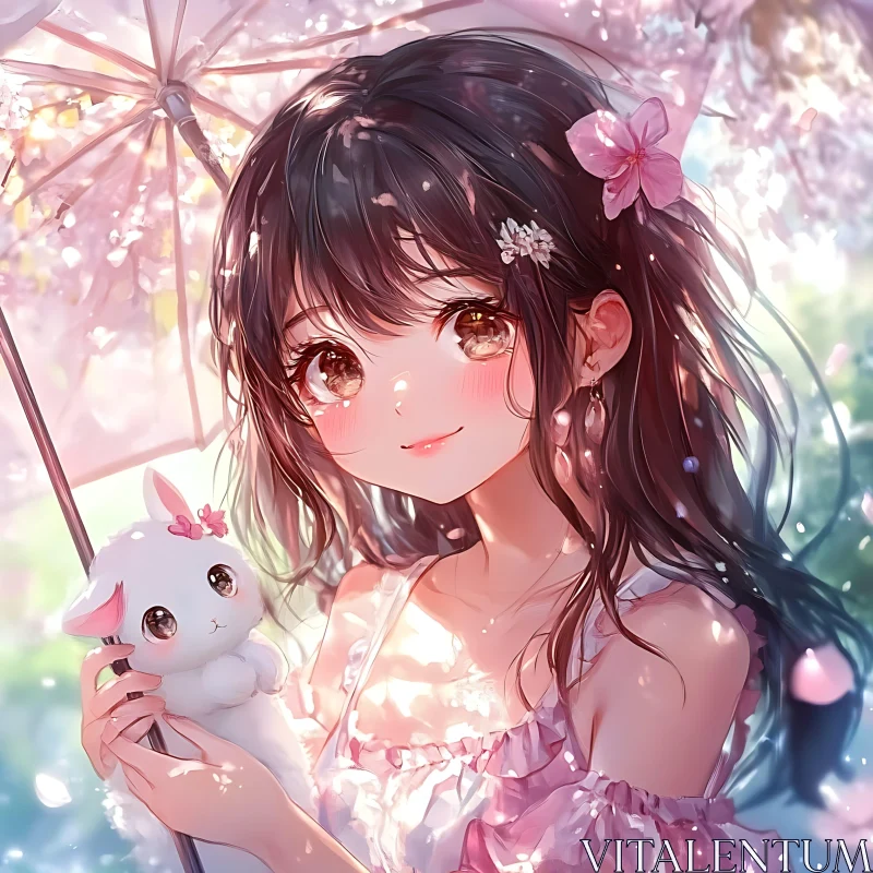 Anime Girl with Bunny and Cherry Blossom Parasol