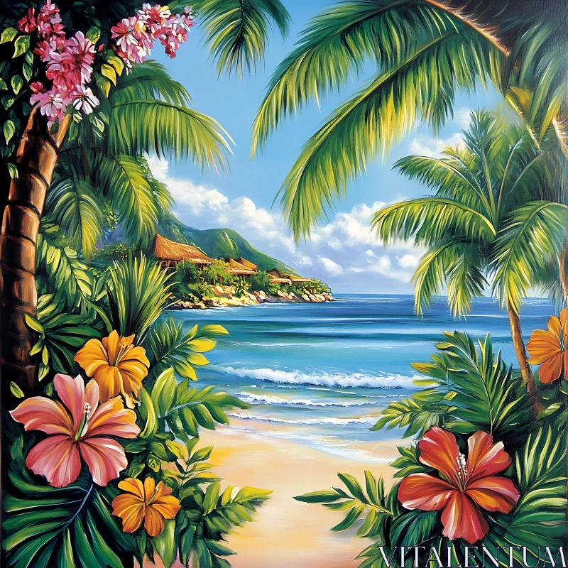 Seaside Paradise with Tropical Blooms AI Image