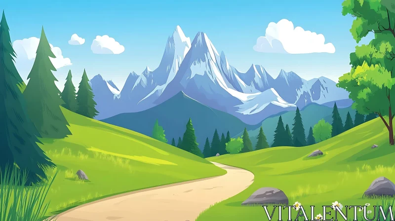Cartoon Mountain Scenery with Green Fields
