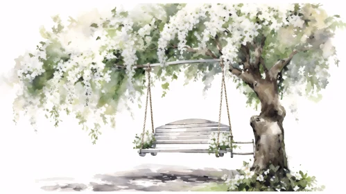 Watercolor Swing and White Flowers