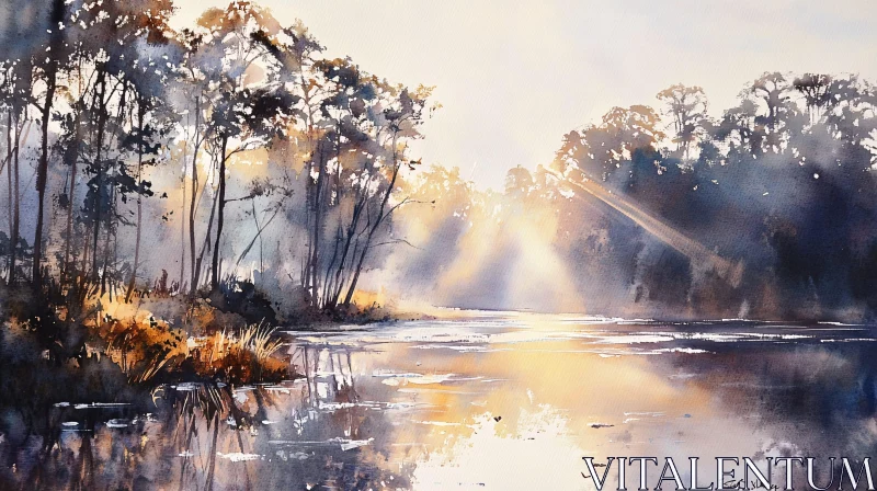 Watercolor Serenity: Sunlight on the Lake