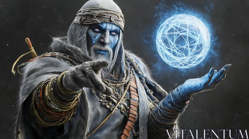 Blue-Skinned Sorcerer with Glowing Sphere AI Image