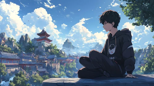 Young Boy in Anime Style with Mountainous Temples and Clear Sky