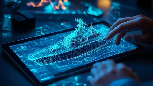 Digital Blueprint of Ship on Tablet