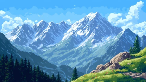 Snowy Peaks Pixel Art Vista
