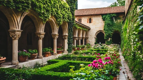 Historical Cloister with Stone Arches and Lush Garden