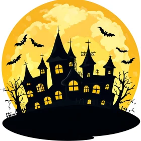 Spooky Castle with Bats Halloween Night