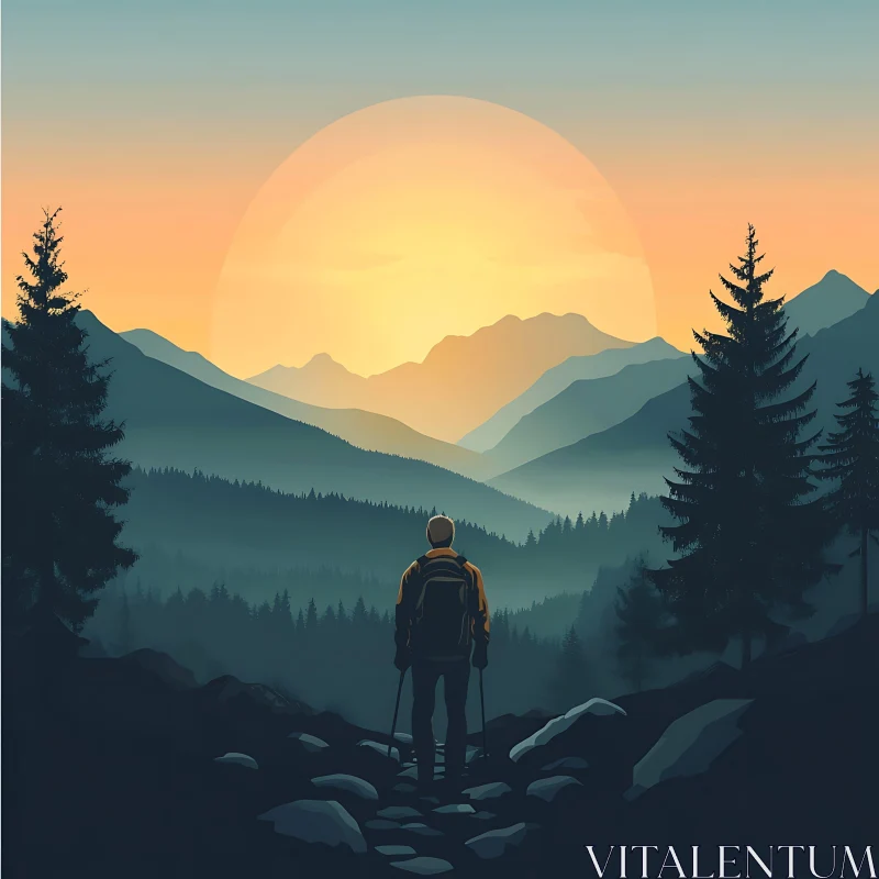 AI ART Hiker Admiring Mountain Sunset