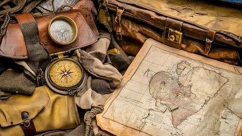 Antique Compass and Map Composition