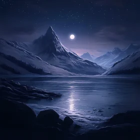 Tranquil Mountain Lake Under Moonlight