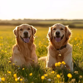Happy Golden Retrievers in Blooming Field