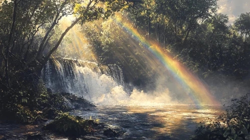 Tranquil Waterfall with Rainbow in Forest