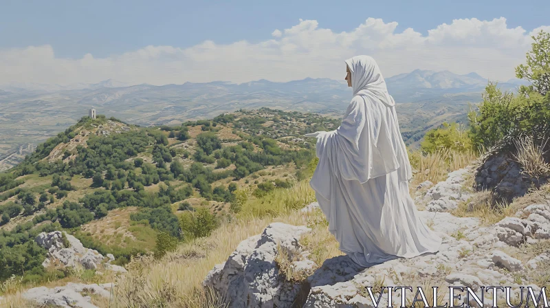 Lady in White Gown on Mountain Vista AI Image