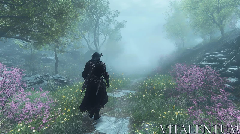 Warrior on a Foggy Forest Trail