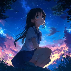 Serene Anime Night Scene with Starry Sky