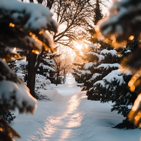 Sunlit Winter Path Through Snow-Covered Trees