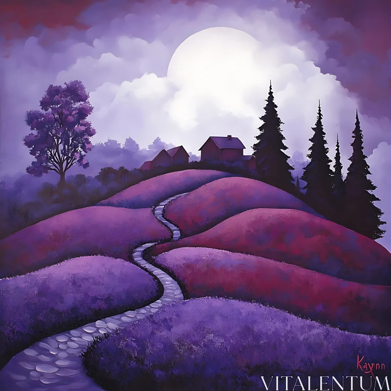 Moonlit Purple Landscape Painting