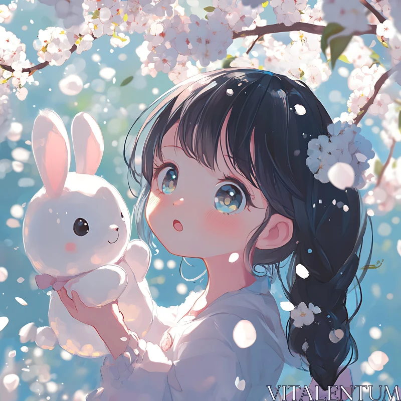 Anime Girl and Bunny with Cherry Blossoms
