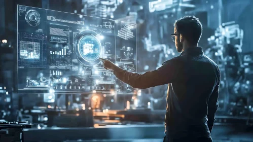 Man Navigating Holographic Data Interface