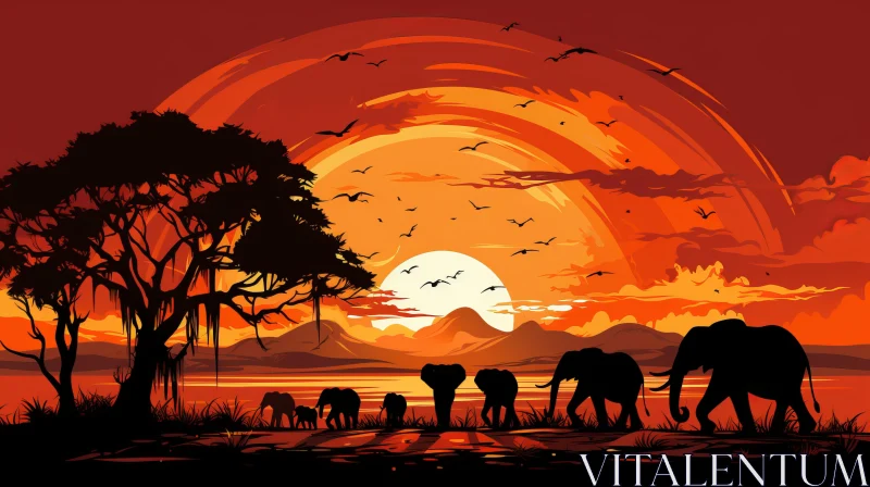 African Art - Elephant Silhouettes at Sunset AI Image