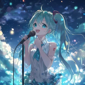 Blue-Haired Anime Singer with Microphone