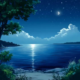 Serene Night Seascape with Moonlight