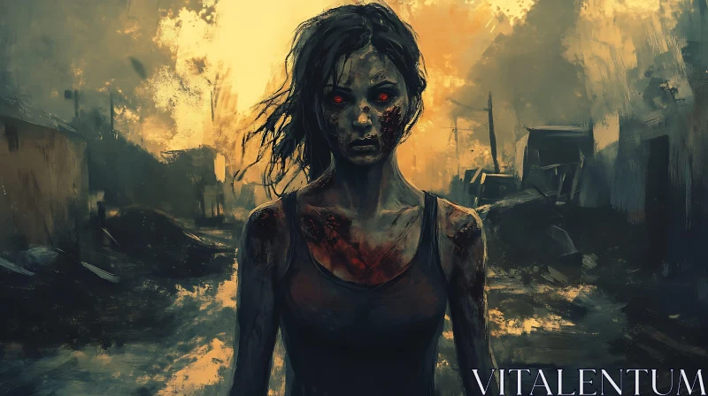 Undead Woman Portrait in Ruined Cityscape