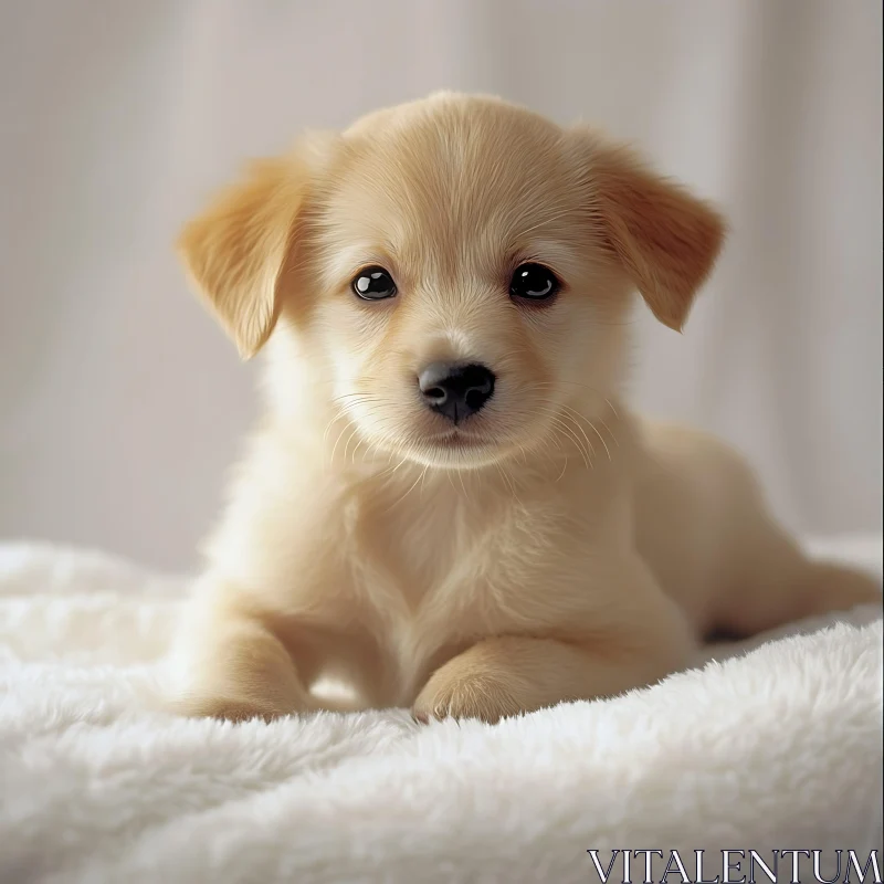 Cute Light-Puppy Relaxing on Soft White Blanket