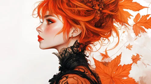 Elegant Profile of a Red-Haired Woman with Lace and Leaves