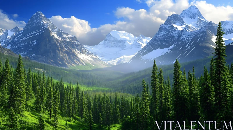 Snowy Mountains and Green Forest Landscape AI Image