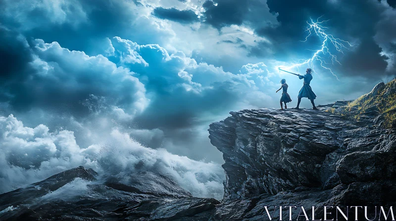 Figures on Cliff Controlling Lightning Over Ocean