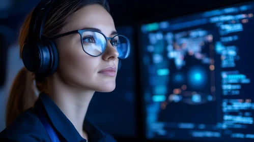 Night Coding Session: Woman with Headphones