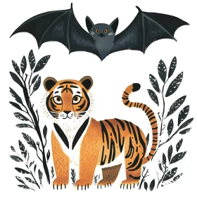 Cute Tiger and Bat Cartoon Image
