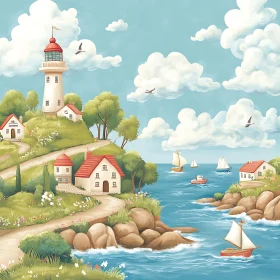 Seaside Village with Lighthouse and Boats