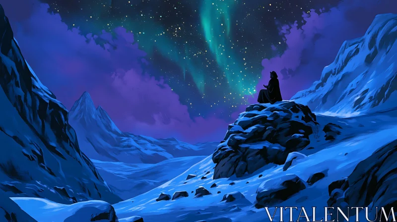 Night Scene with Aurora Borealis and Mountains