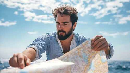 Man Navigating at Sea with Map