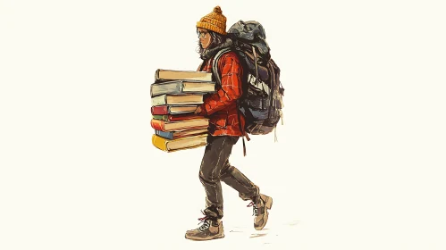 Student Carrying Books and Backpack