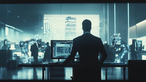 Man Overseeing Robotic Arms in Tech Office