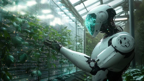 Cyborg Cultivating Plants in Greenhouse