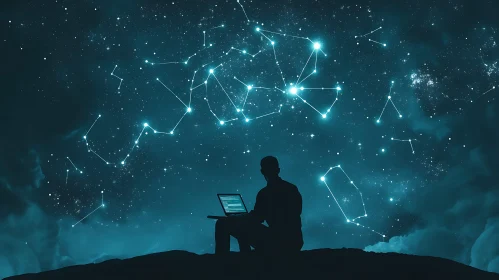 Man with Laptop Under Starry Sky