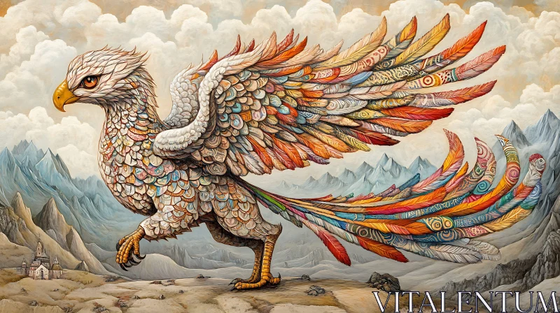 Feathered Griffin in a Mountainous Landscape