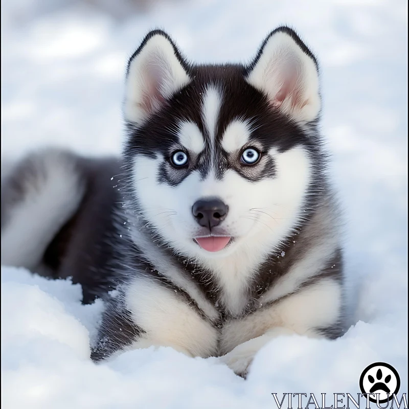 Blue-Eyed Husky Puppy in Winter Snow