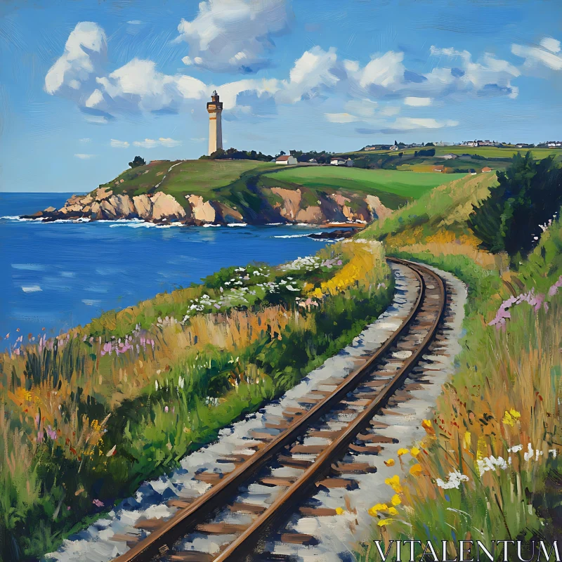 Seaside Railroad and Lighthouse Painting