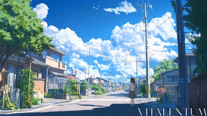 Anime Illustration of a Summer Suburban Street